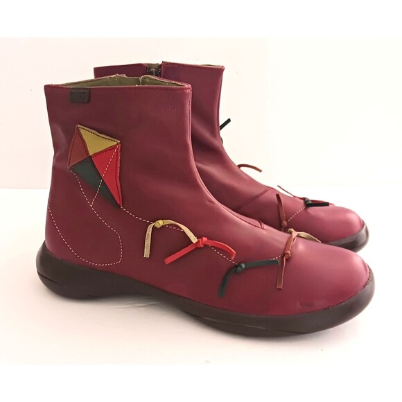 Camper Burgundy Leather Ankle Boots Applique Leather Kite Design EU 39 US 8-8.5 - Picture 1 of 15